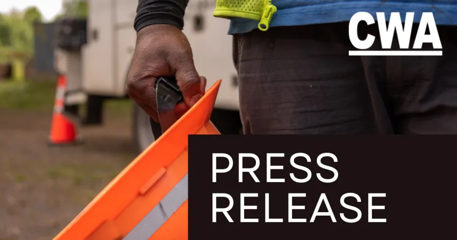 Graphic with "Press Release" and CWA Local 1298 member holding hard hat